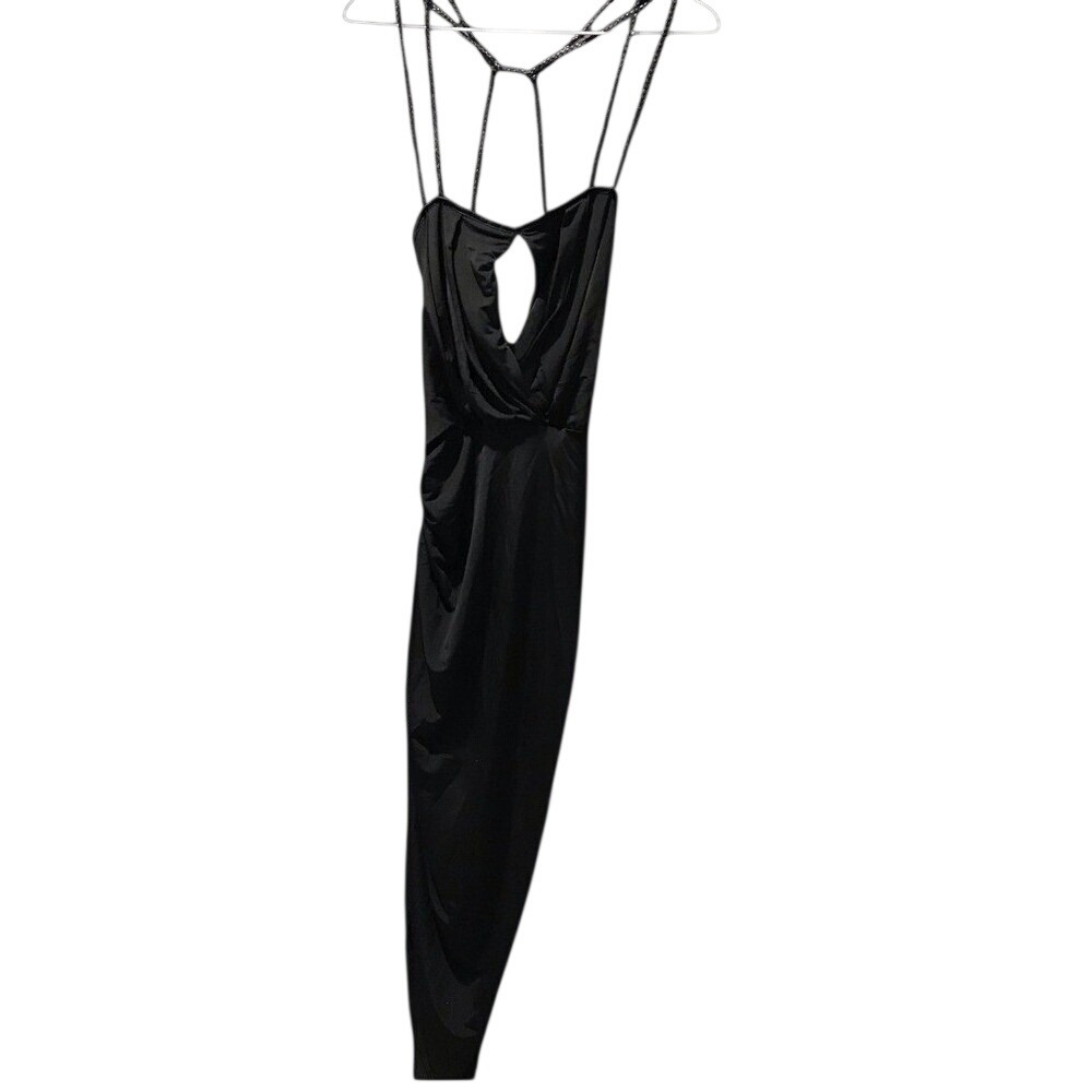 Bebe Black Siren Draped Ruched Side Spaghetti Strap Midi Dress Size S - Picture 8 of 9